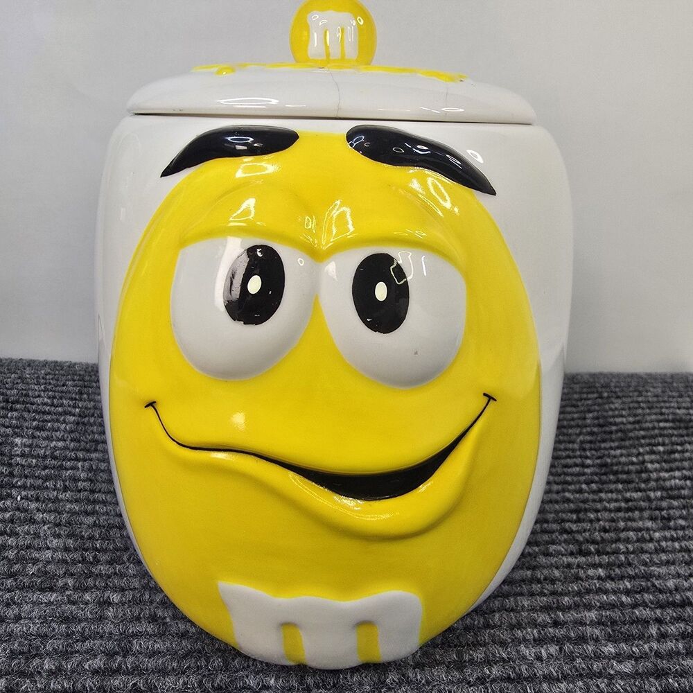 2003 Galerie Yellow M & M Ceramic Cookie Candy Jar Vintage Canister w/ Lid READ